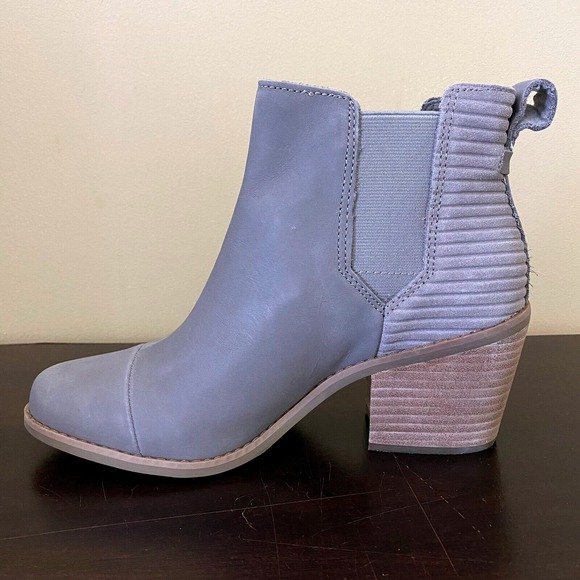 TOMS Marina Grey Leather Cap Toe Ribbed Block Heel Ankle Boots Womens - Picture 5 of 7